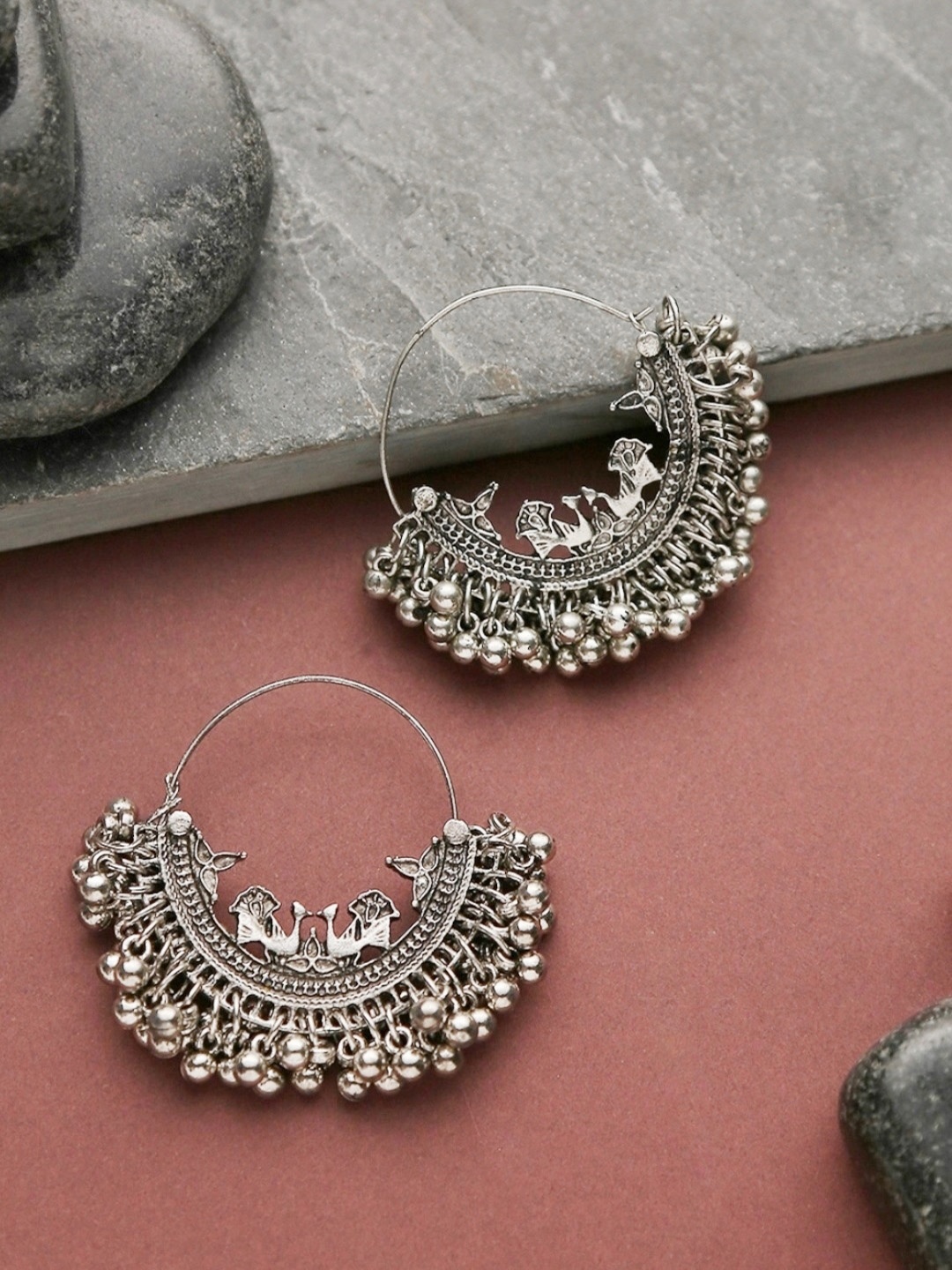 

Infuzze Oxidised Silver-Toned Crescent-Shaped Chandbali Earrings