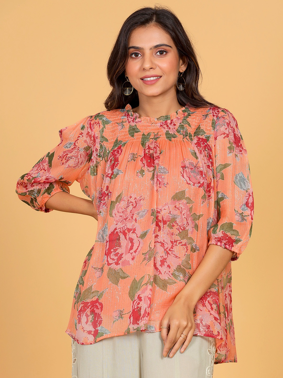 

WESTIFIED Coral Floral Print Chiffon Top