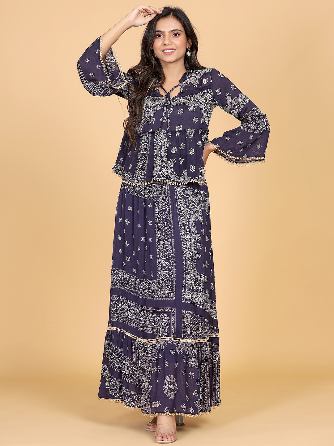 

WESTIFIED Women Blue Print Tie-Up Neck Crepe Top