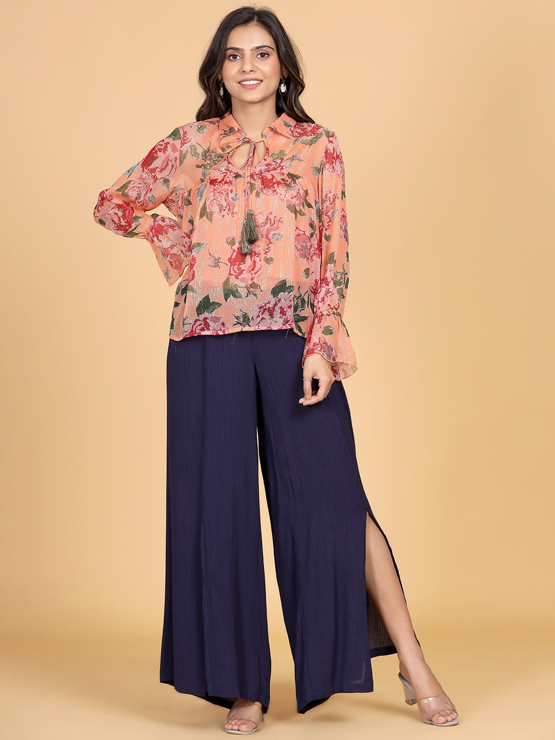 

WESTIFIED Women Coral Floral Print Tie-Up Neck Chiffon Top