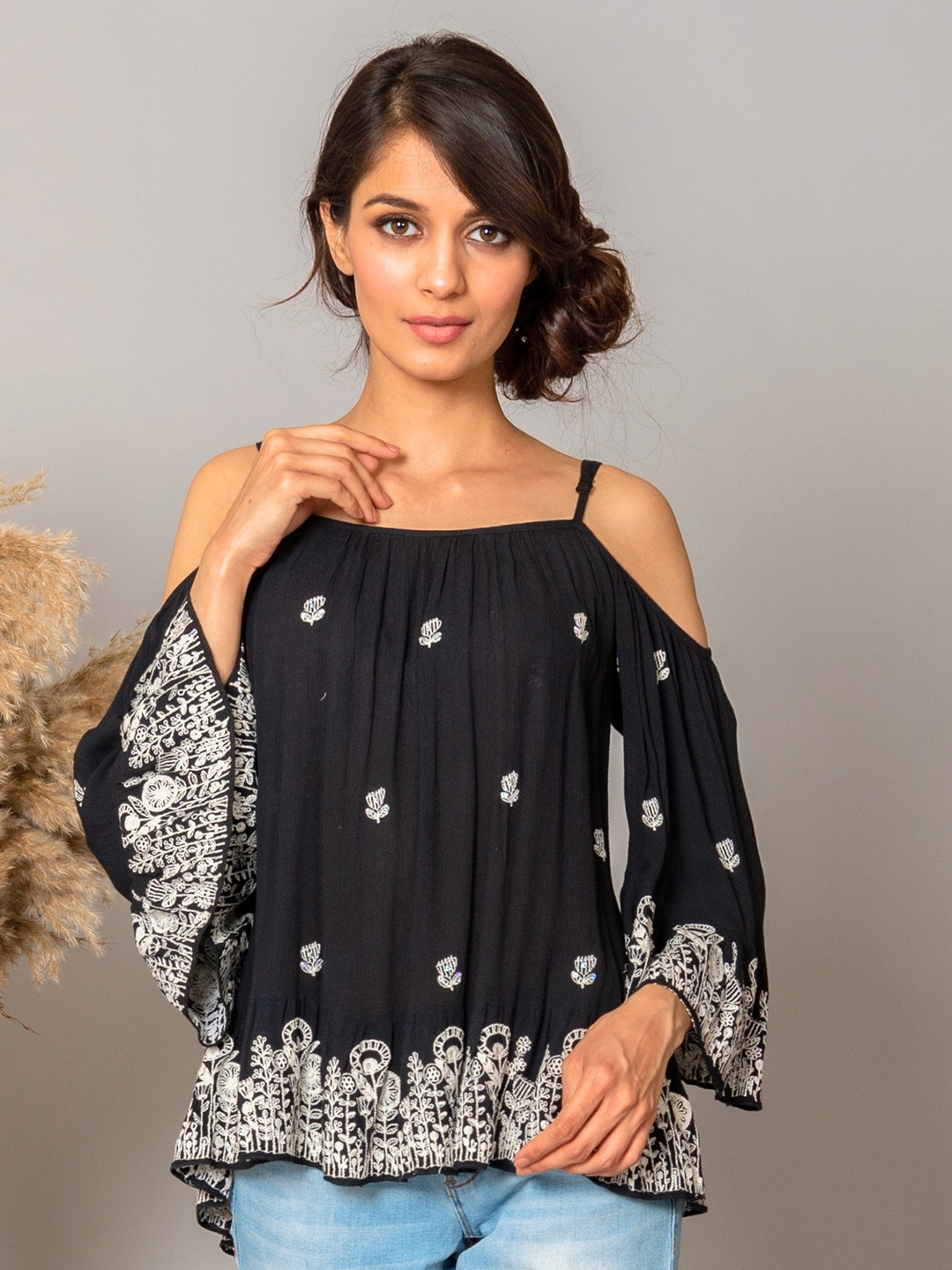 

WESTIFIED Black Embellished Crepe Top
