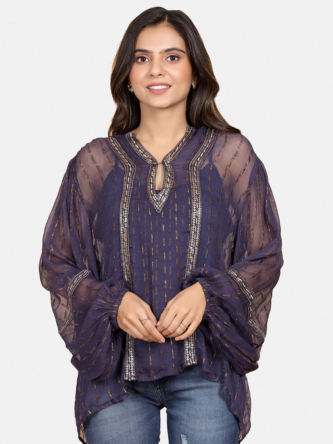 

WESTIFIED Blue Tie-Up Neck Chiffon Top