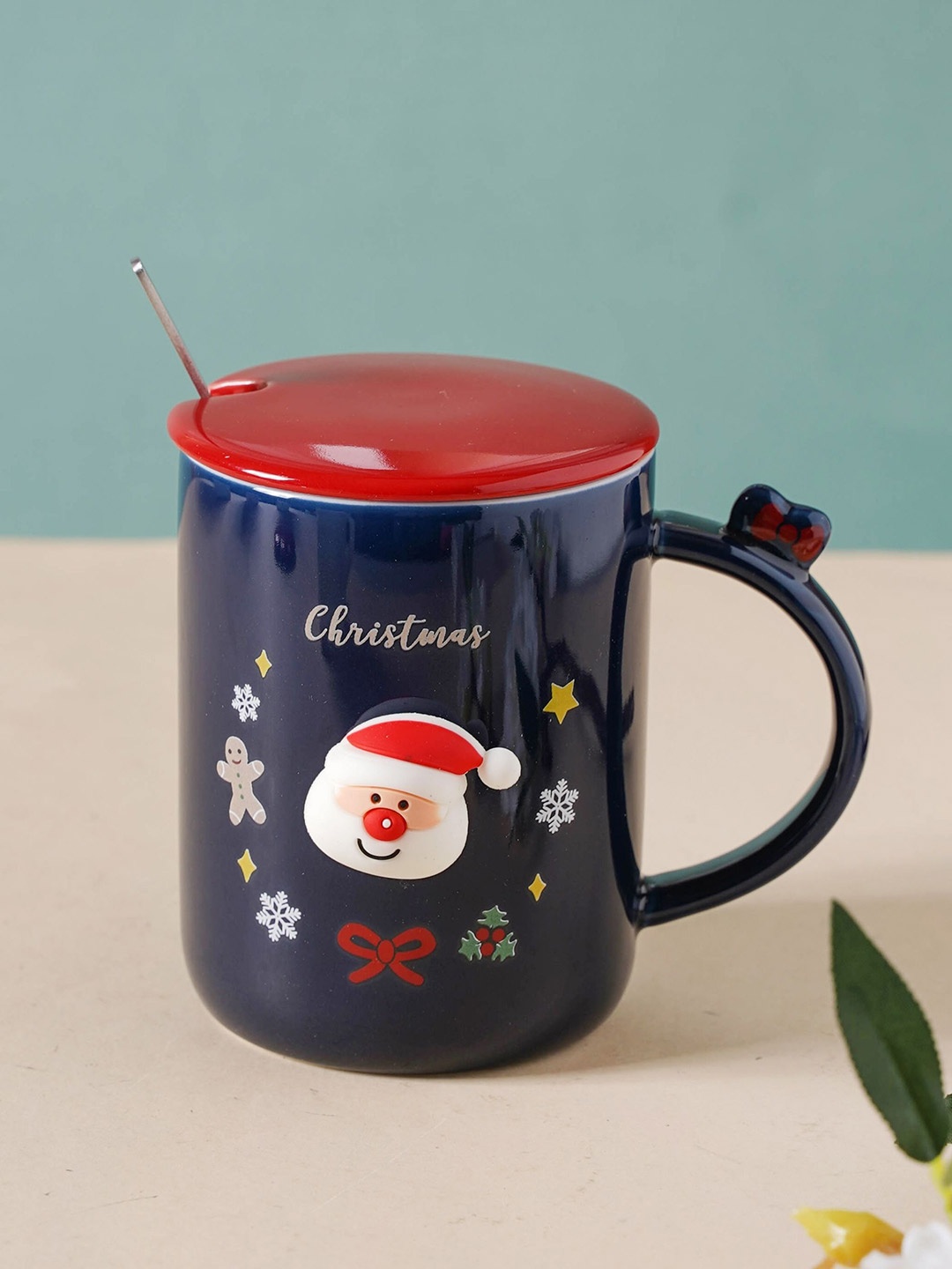 

Nestasia Blue & Red Microwave Safe Ceramic Glossy Mug With Lid & Spoon 350 ml