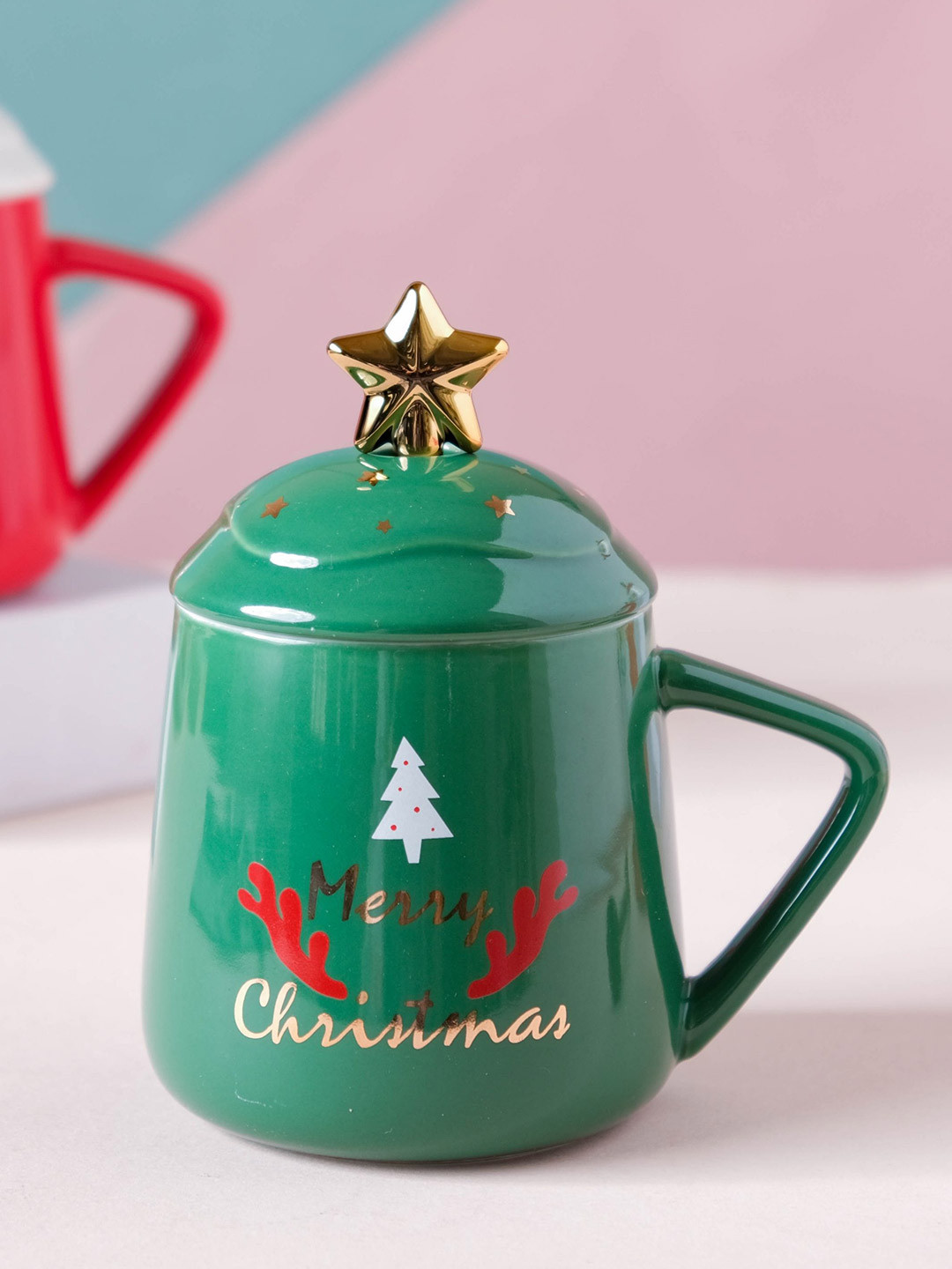 

Nestasia Green Merry Christmas Ceramic Mug With Lid and Spoon 380 ml
