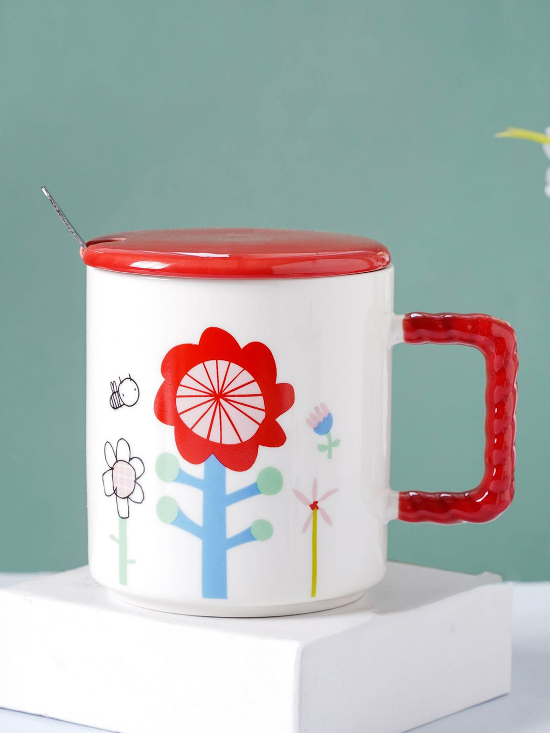 

Nestasia White and Red Microwave Safe Ceramic Mug with Lid & Spoon 360 ml