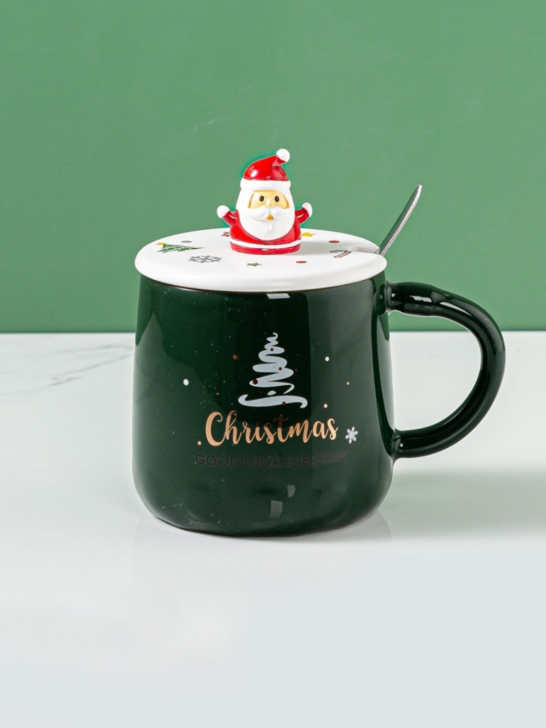 

Nestasia Green & White Santa Ceramic Glossy Cup with Lid & Spoon 350 ml
