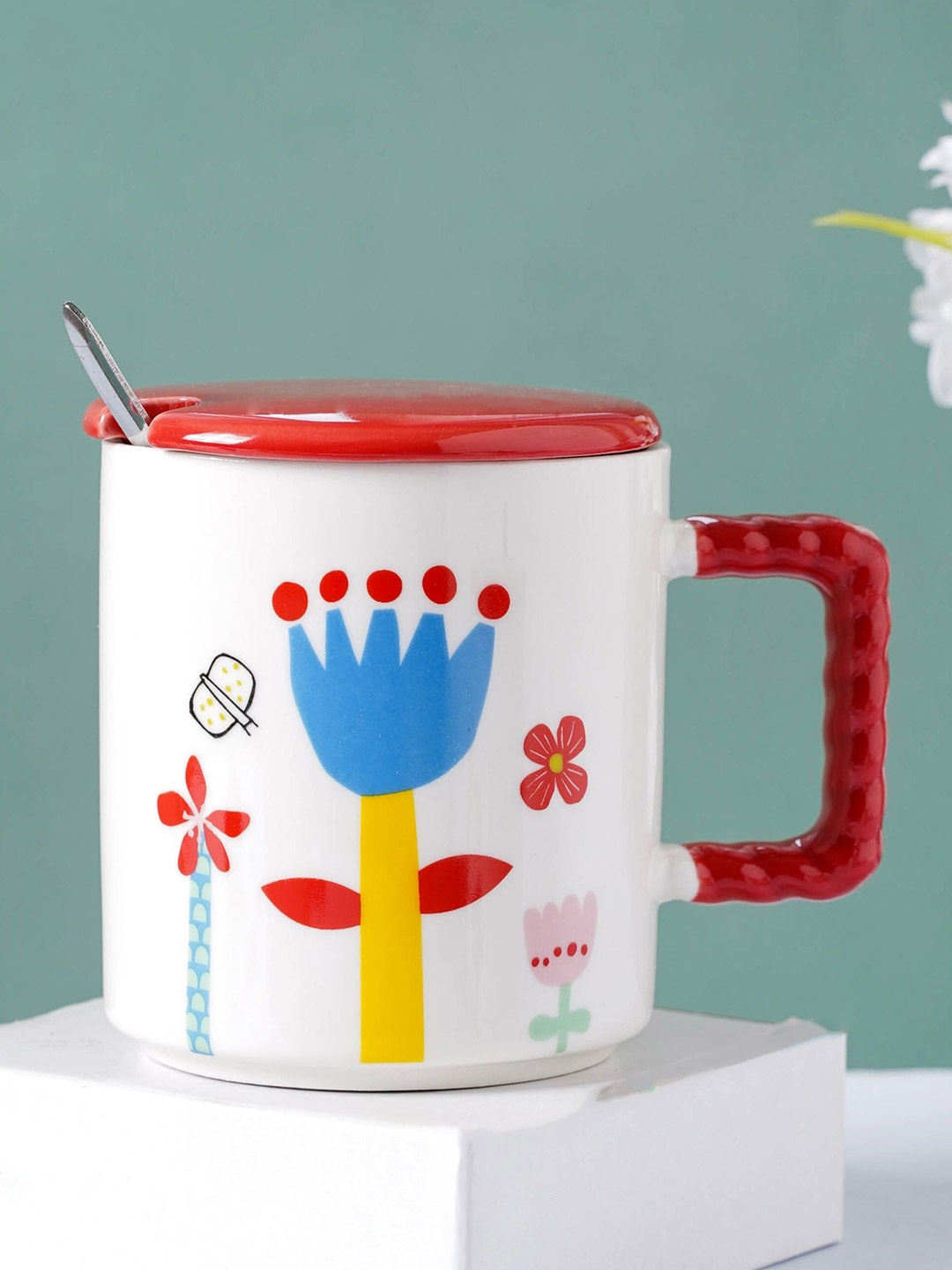

Nestasia White & Blue Microwave Safe Ceramic Mug With Lid & Spoon 360 ml