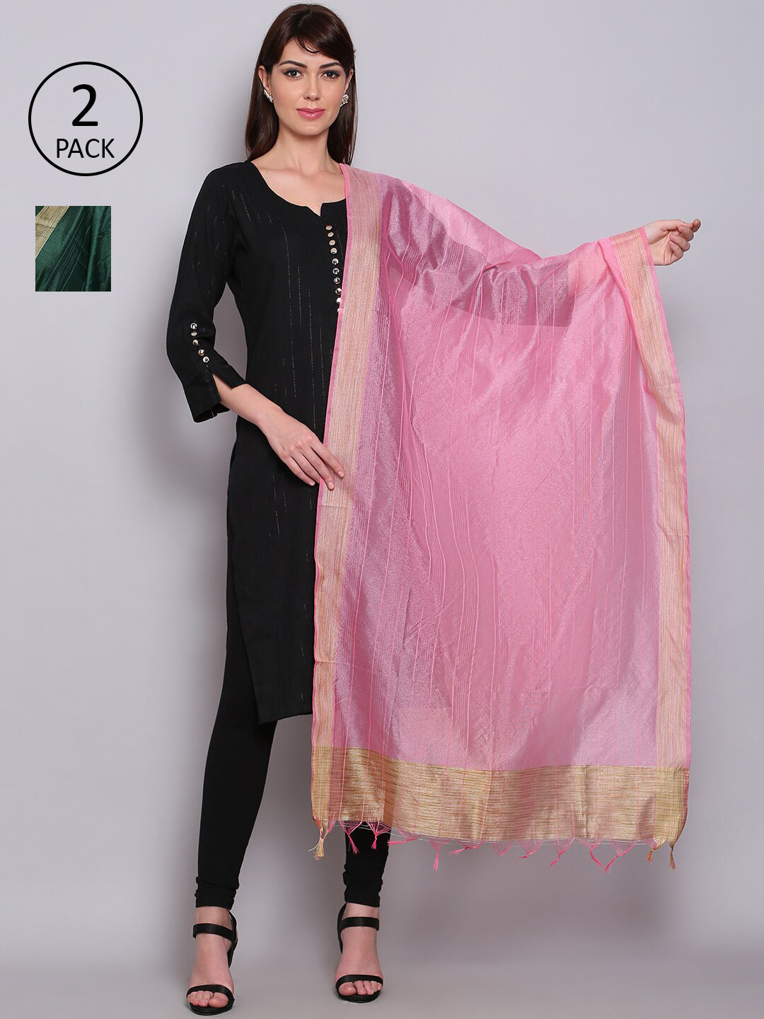 

Miaz Lifestyle Green & Pink Dupatta with Zari
