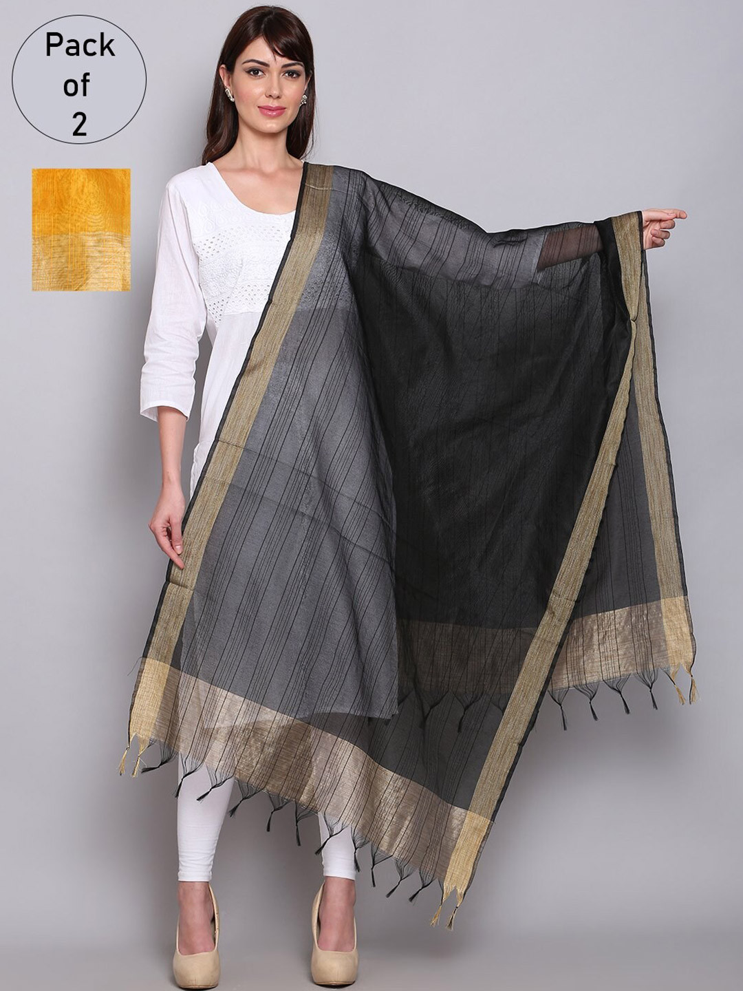 

Miaz Lifestyle Black & Yellow Dupatta with Zari