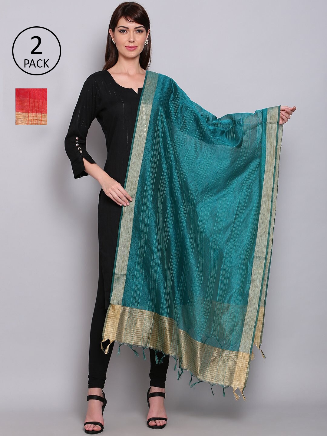 

Miaz Lifestyle Green & Red Dupatta with Zari