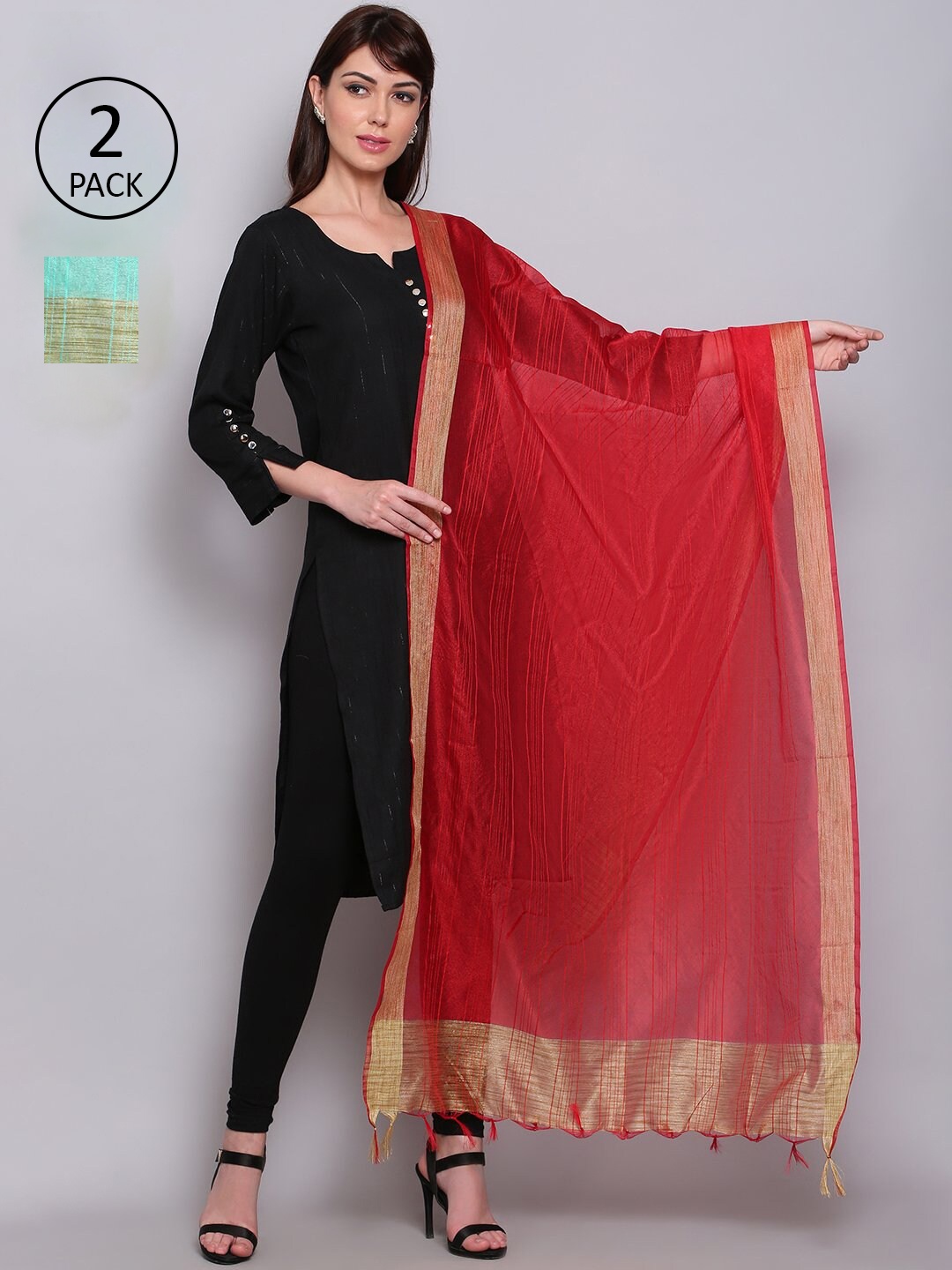 

Miaz Lifestyle Red & Sea Green Dupatta with Zari