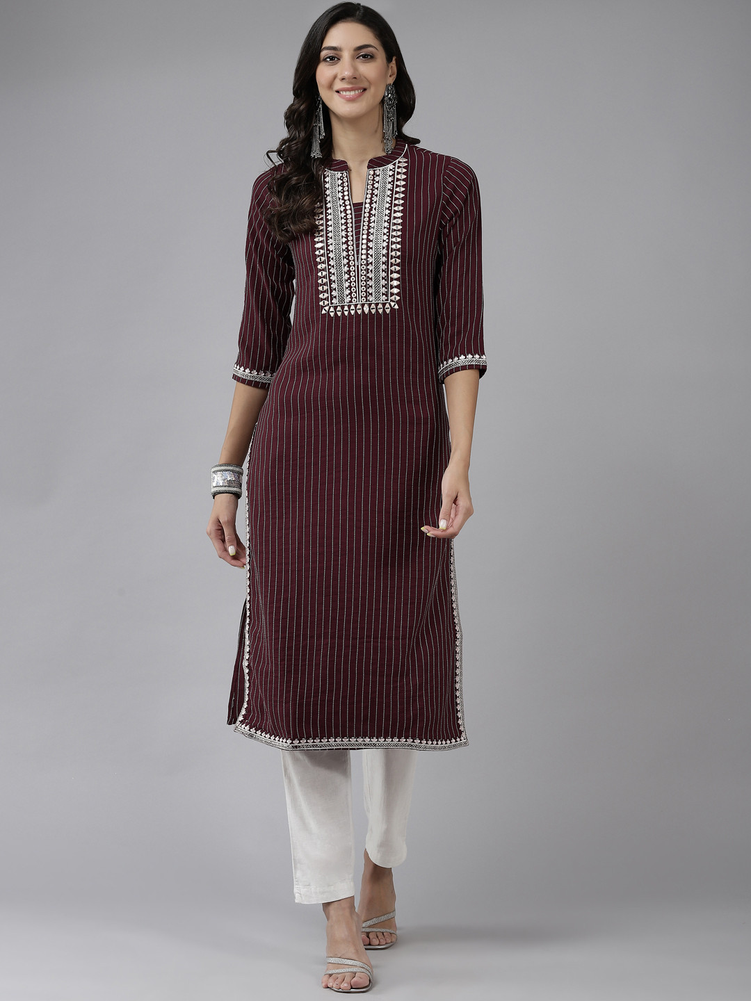 

Prakrti Women Maroon Striped Gotta Patti Kurta