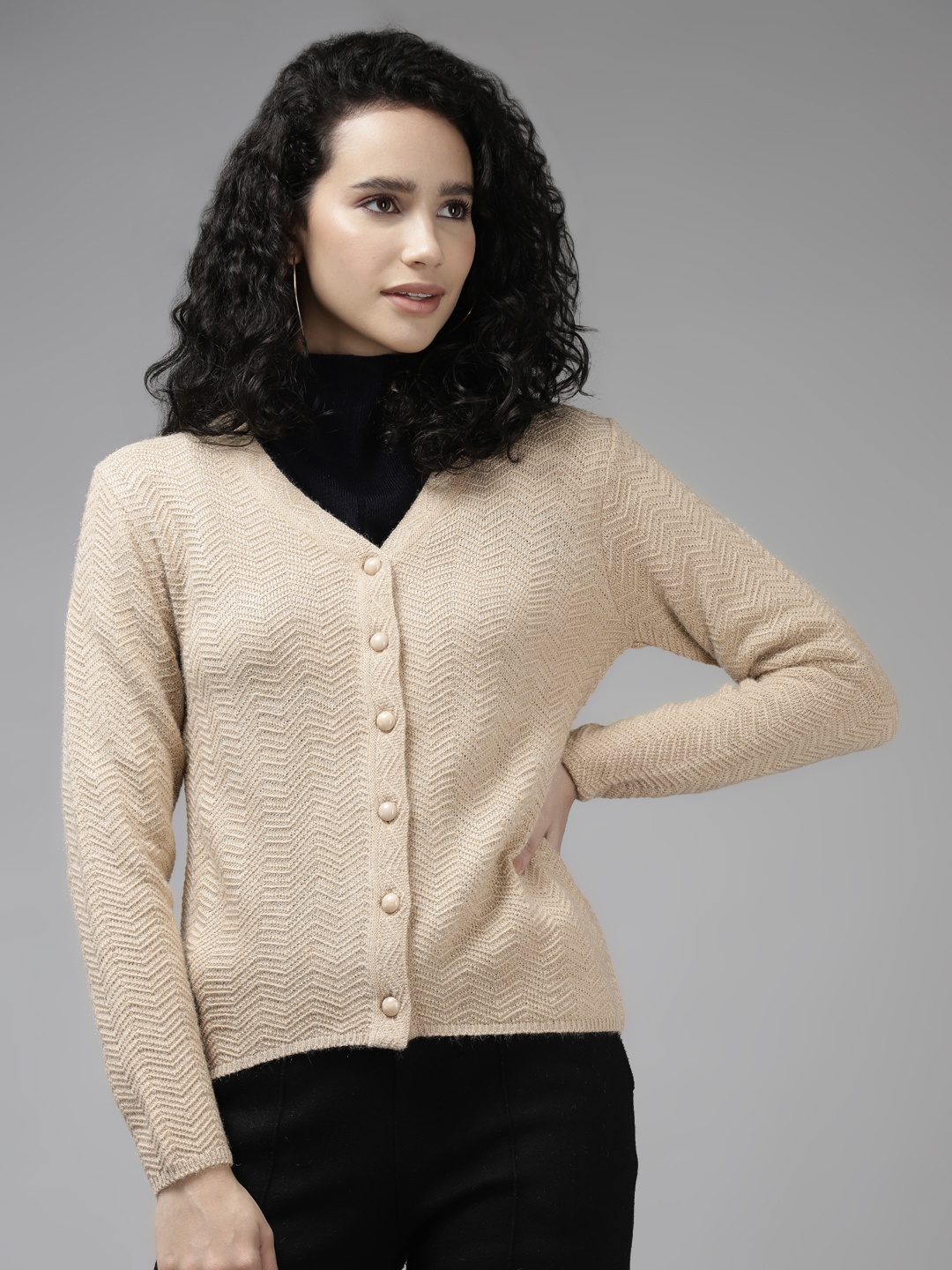 

Cayman Women Beige Chevron Cable Knit Wool Cardigan