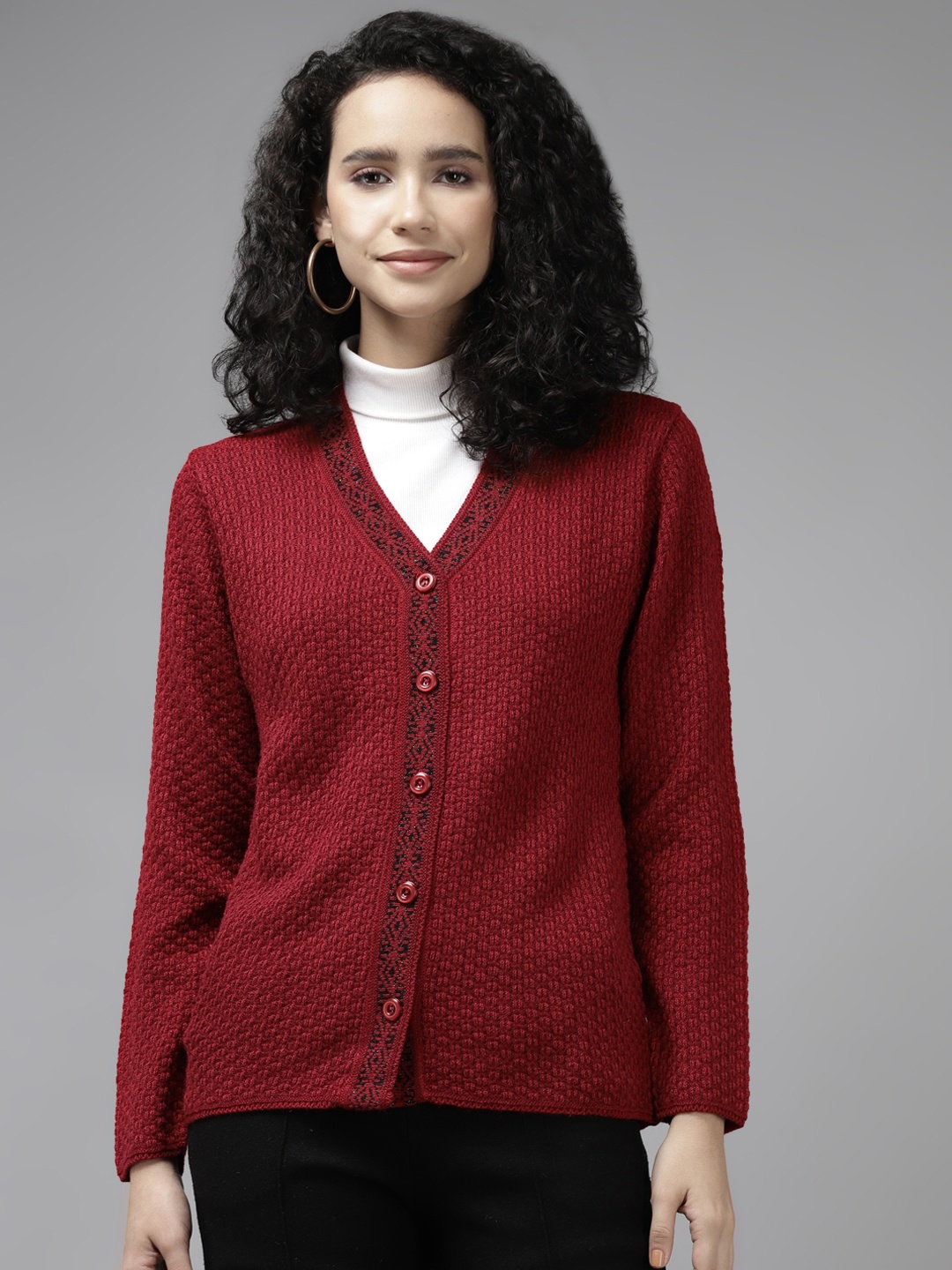 

Cayman Women Maroon Ribbed Wool Cardigan