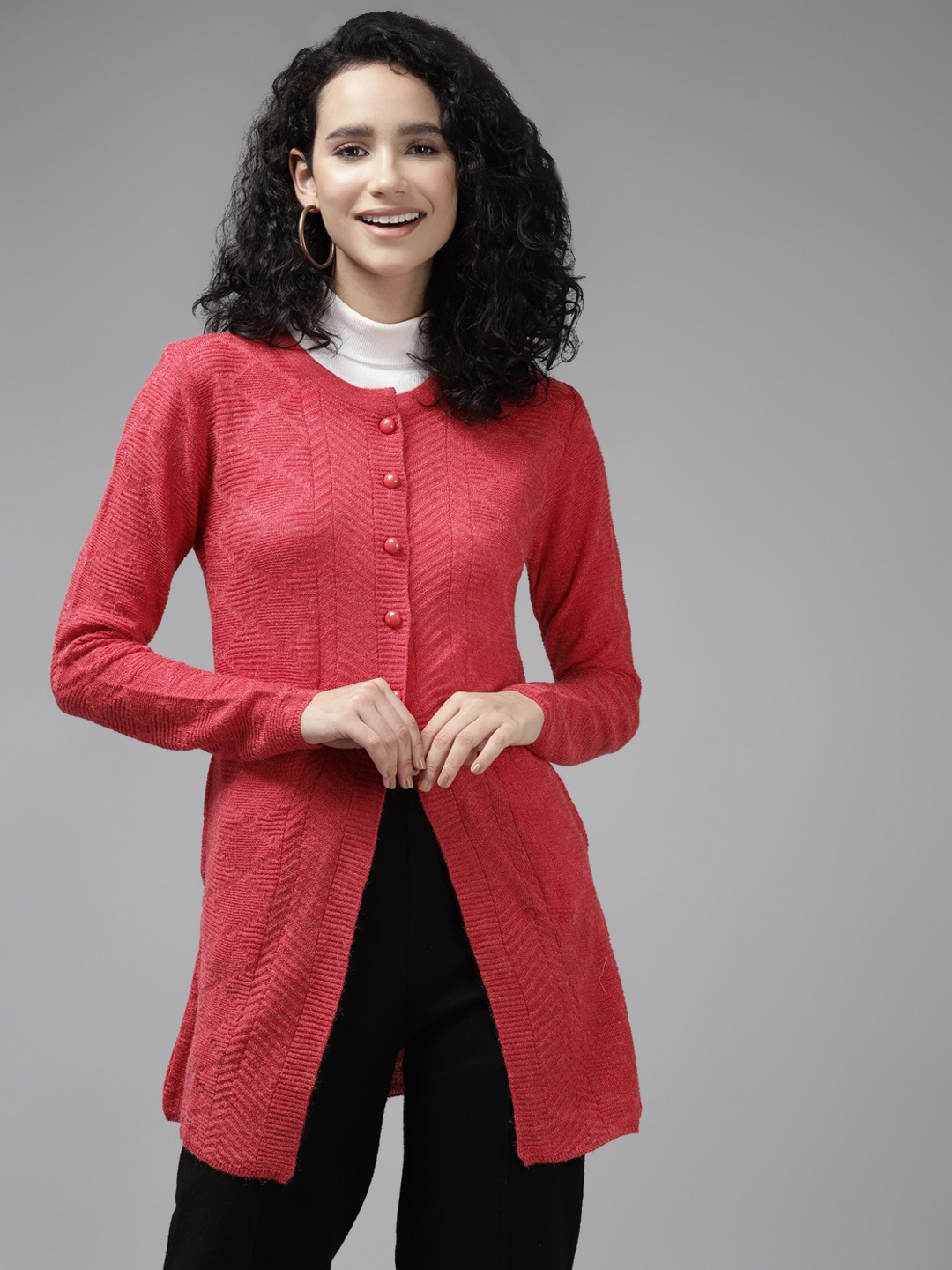 

Cayman Women Magenta Wool Ribbed Cardigan
