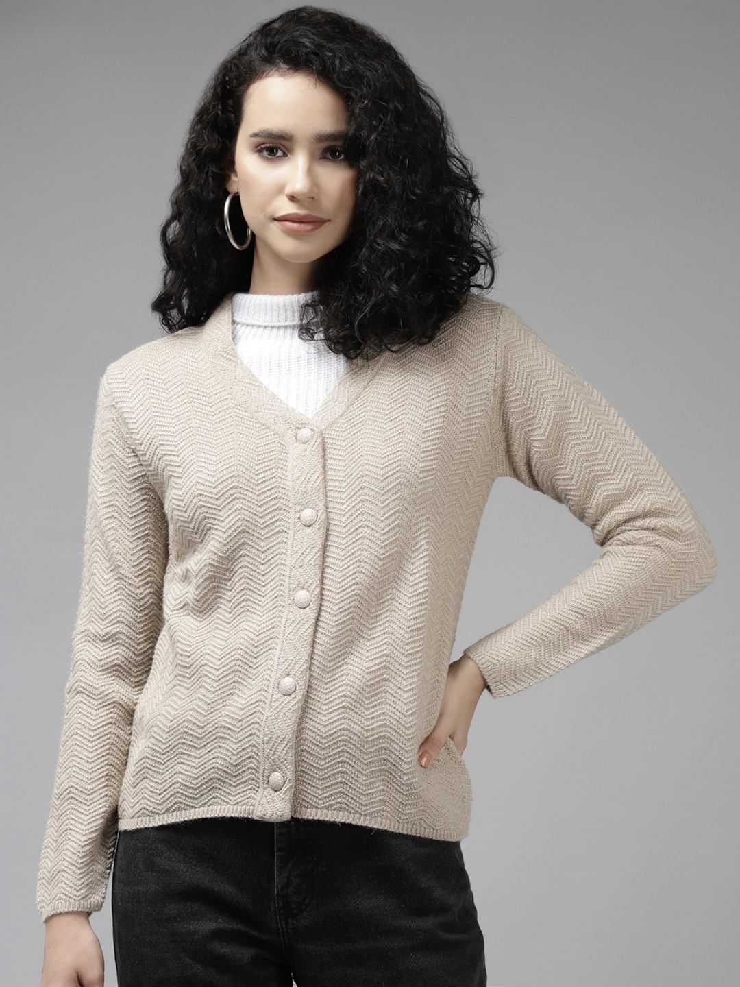 Cayman Women Beige Chevron Knitted Wool Cardigan
