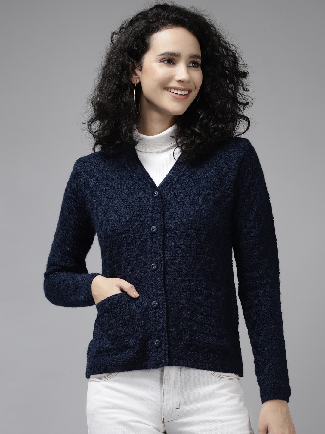 

Cayman Women Navy Blue Cable Knit Wool Cardigan