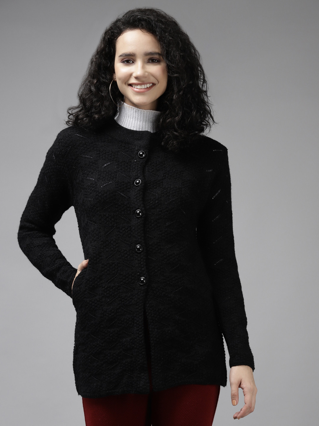

Cayman Women Black Cable Knit Wool Cardigan