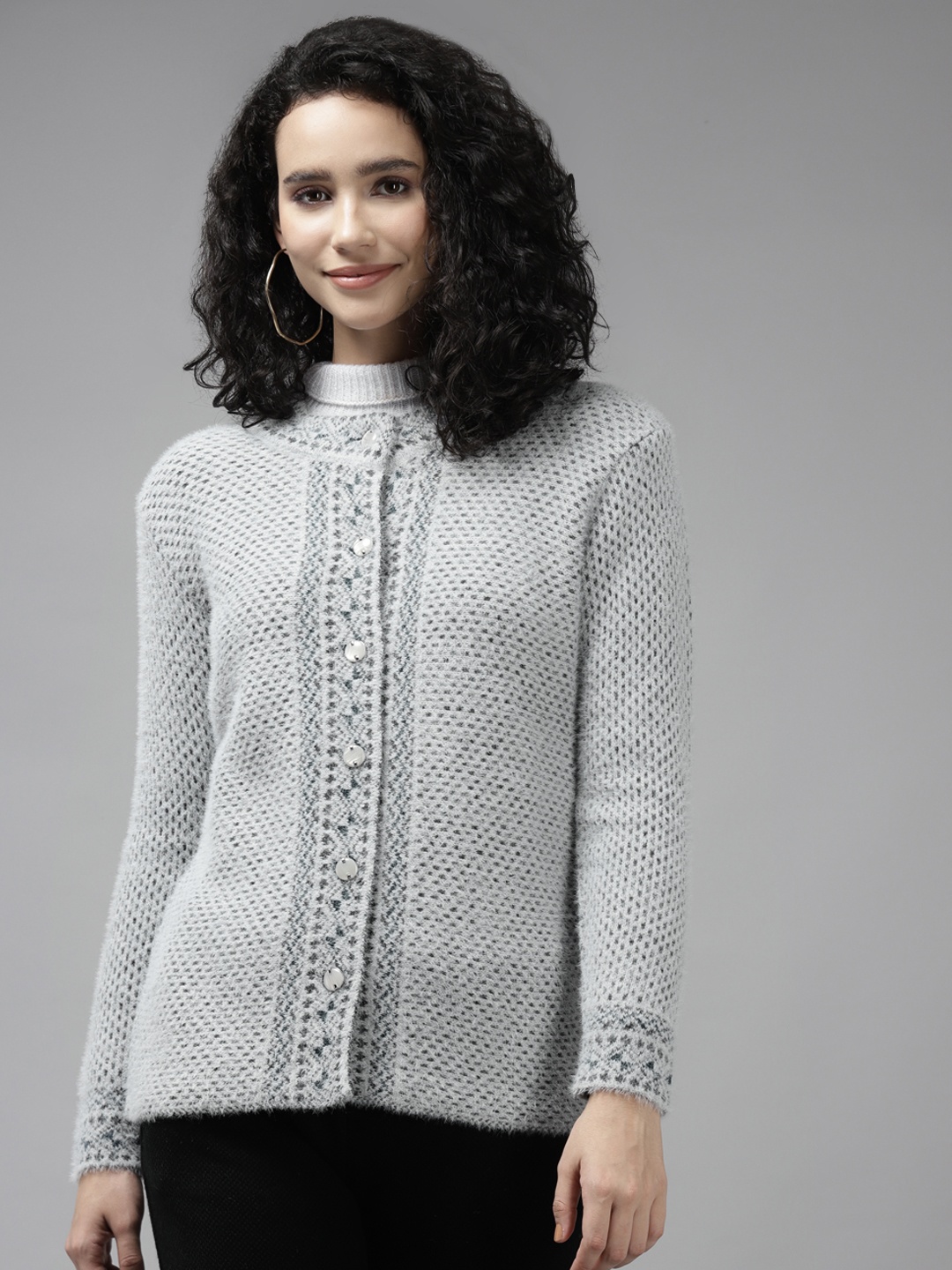 

Cayman Women Grey Wool Knitted Ribbed Cardigan