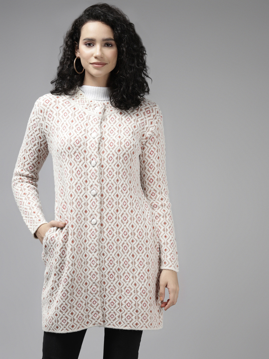 

Cayman Women Cream-Coloured & Beige Knitted Wool Longline Cardigan
