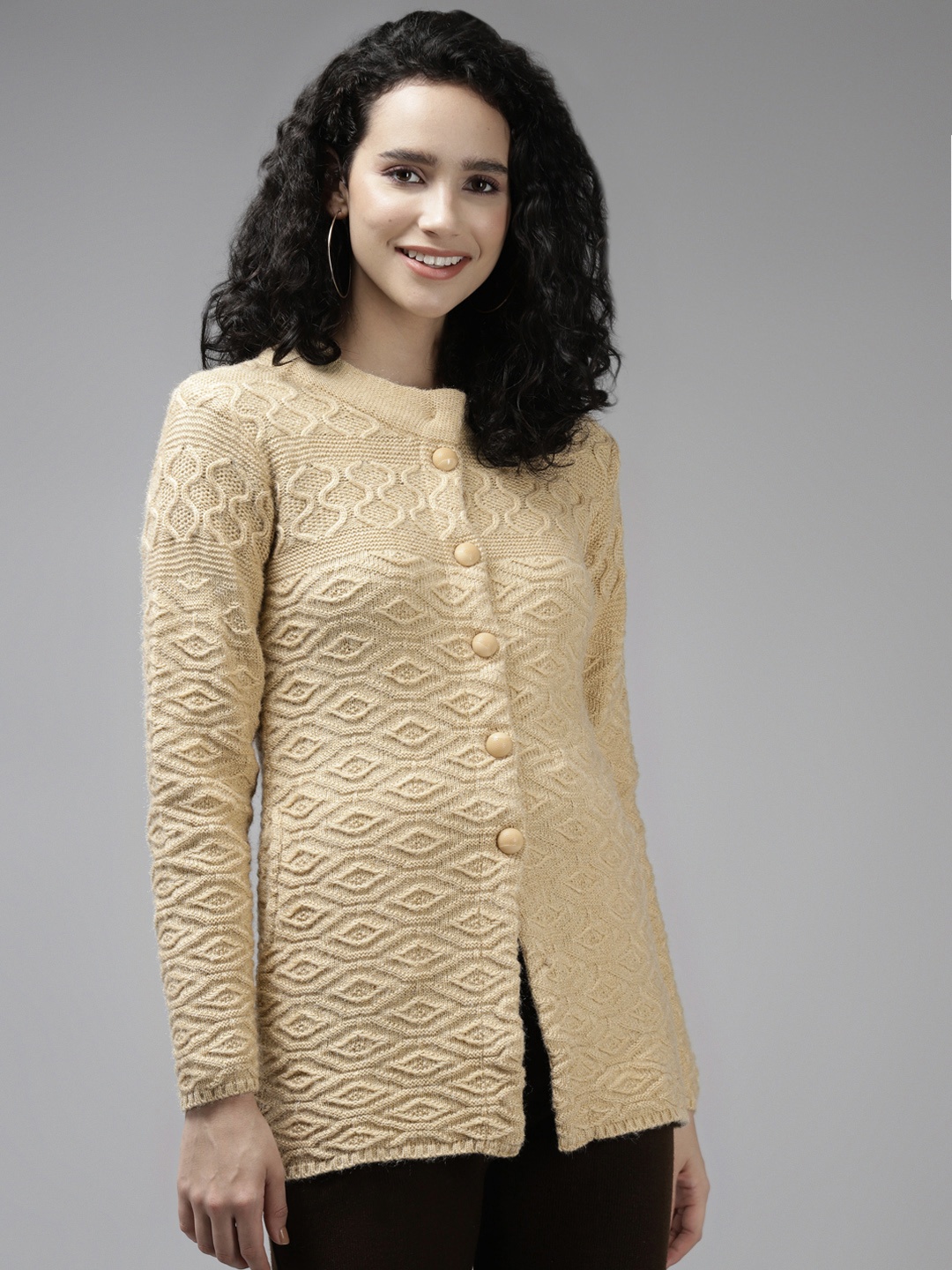 

Cayman Women Beige Wool Cable Knit Ribbed Cardigan