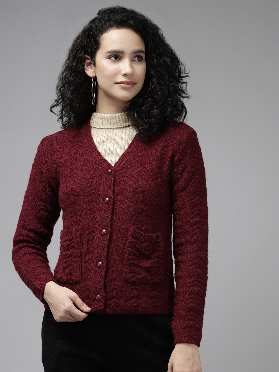 

Cayman Women Maroon Cable Knit Ribbed Wool Cardigan
