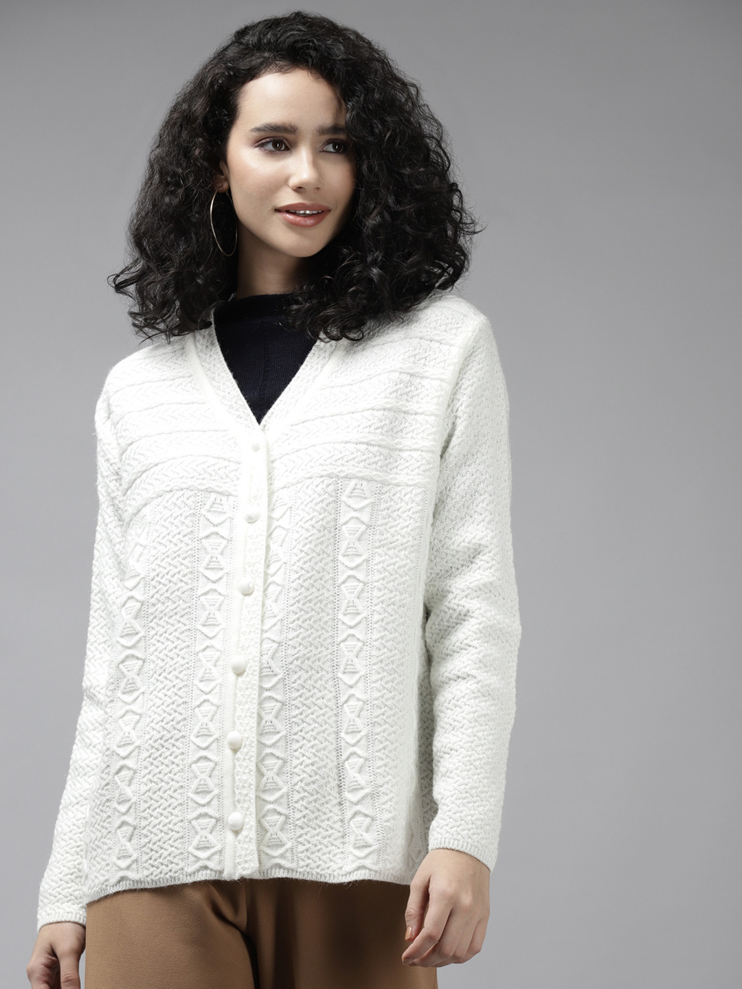 

Cayman Women White Cable Knit Wool Cardigan