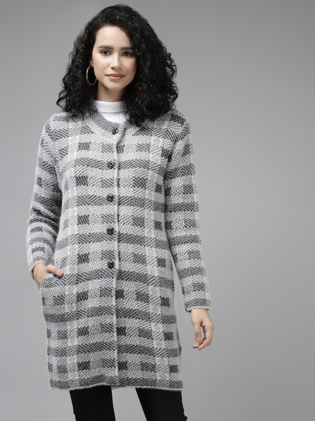 

Cayman Women Grey Checked Knitted Wool Longline Cardigan