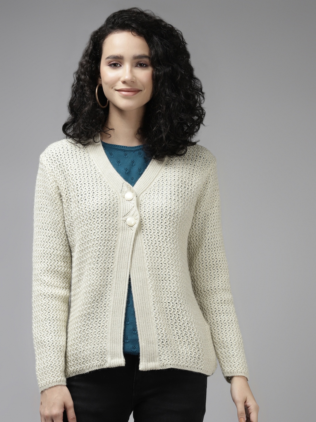 

Cayman Women Beige Cable Knit Wool Cardigan
