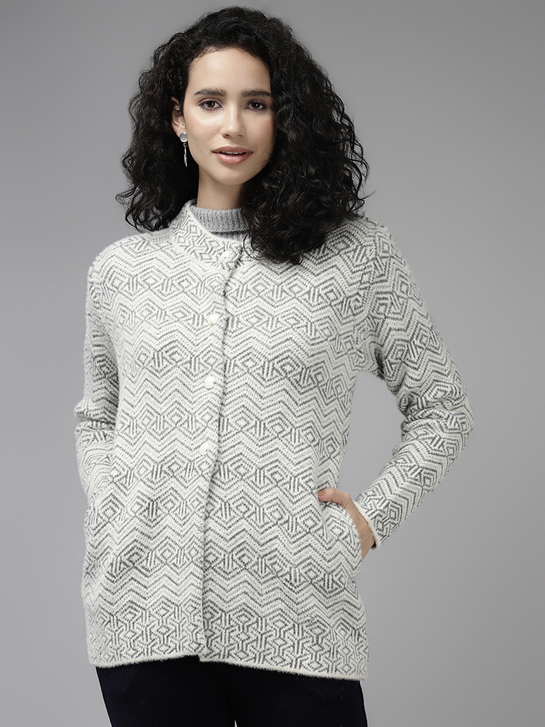 

Cayman Women Cream-Coloured & Grey Wool Knitted Cardigan