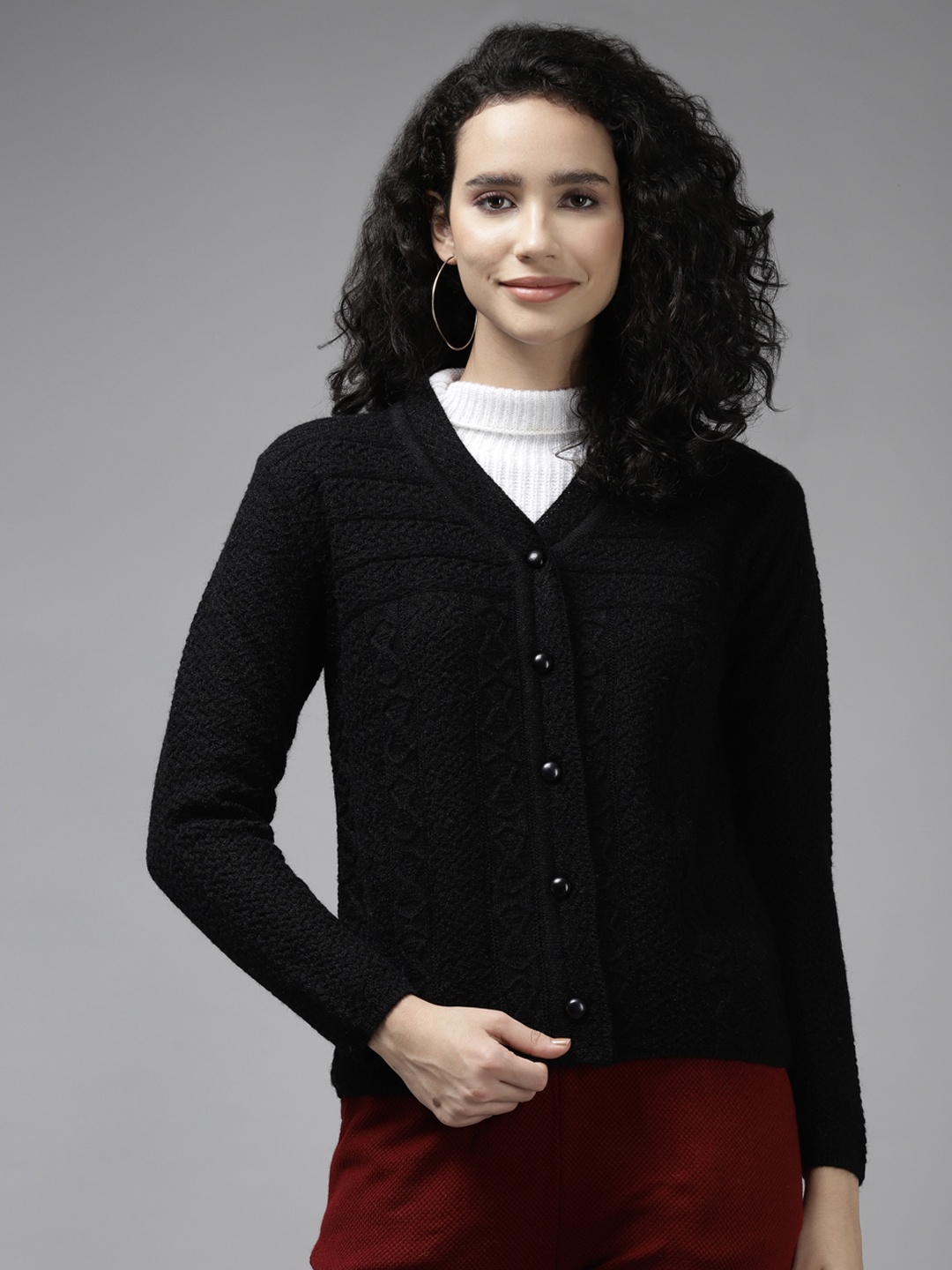 

Cayman Women Black Cable Knit Wool Cardigan