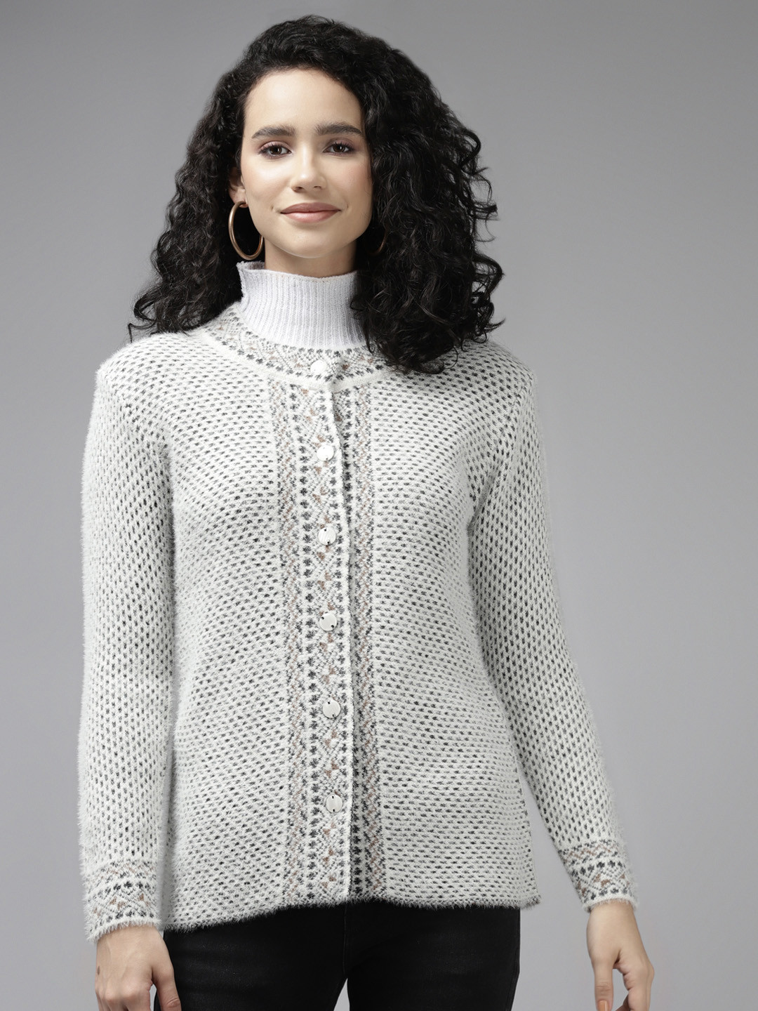 

Cayman Women White & Grey Wool Knitted Cardigan
