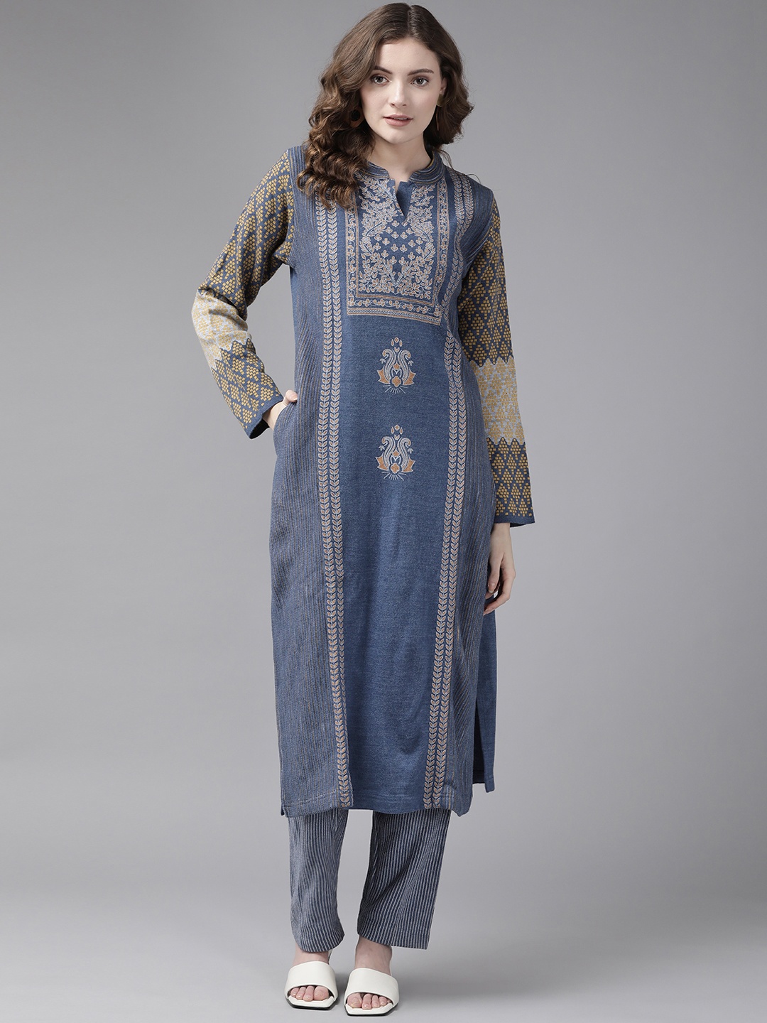 

Cayman Women Blue & Brown Ethnic Motifs Printed Pure Wool Kurta with Trousers