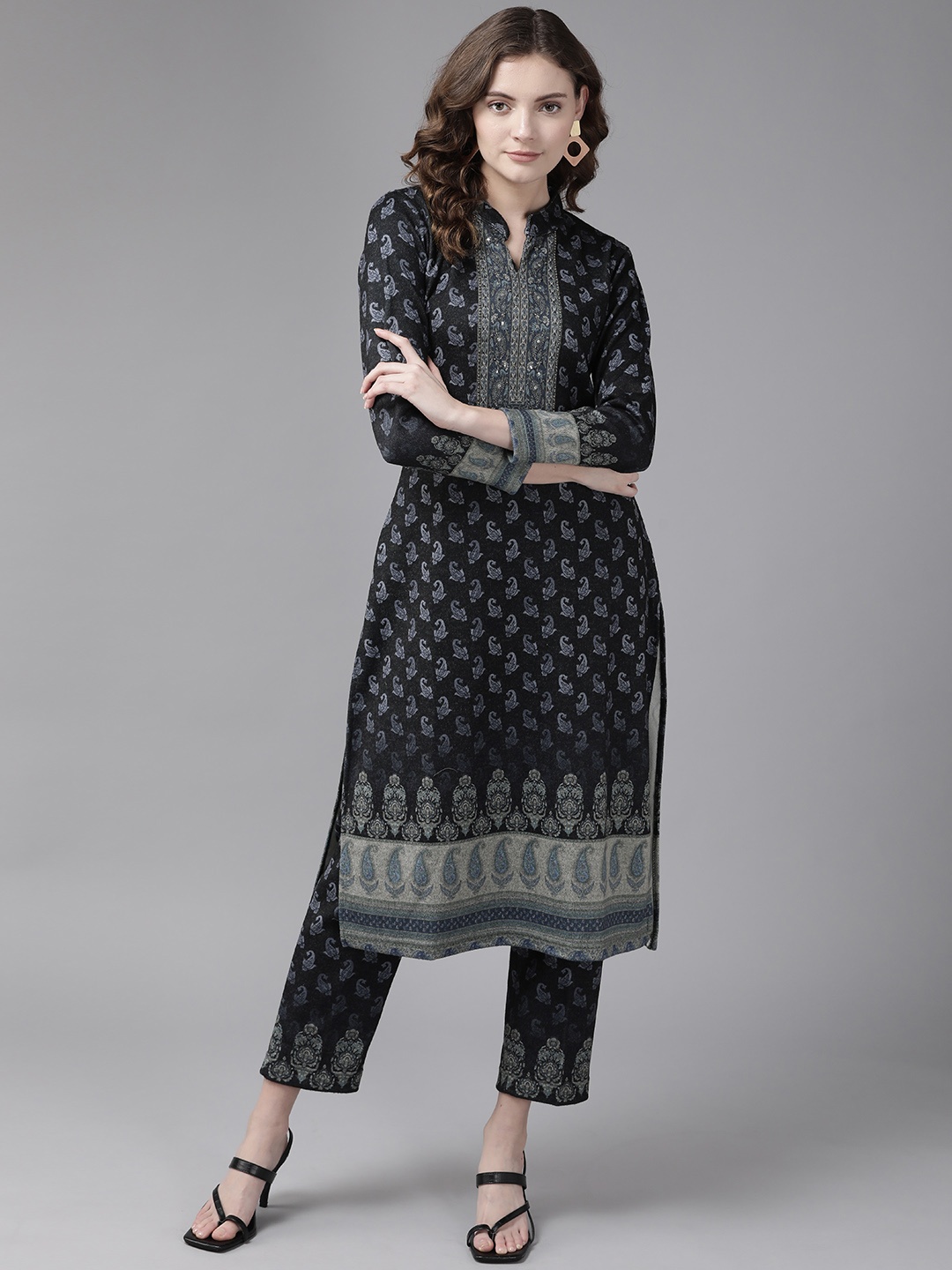 

Cayman Women Navy Blue Ethnic Motifs Printed Pure Wool Kurta with Trousers