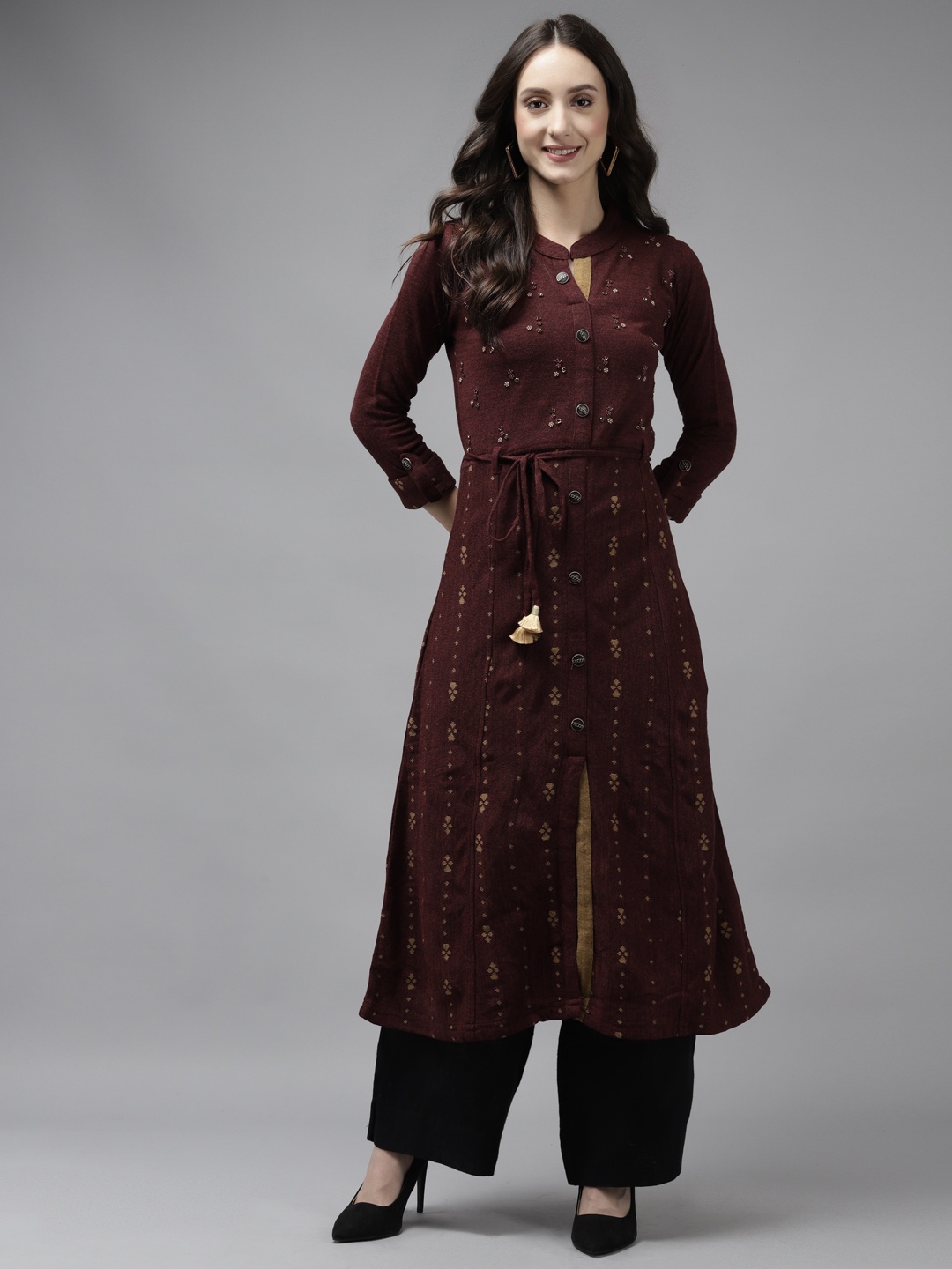

Cayman Women Maroon Woollen Knitted Pattern Winter Kurta