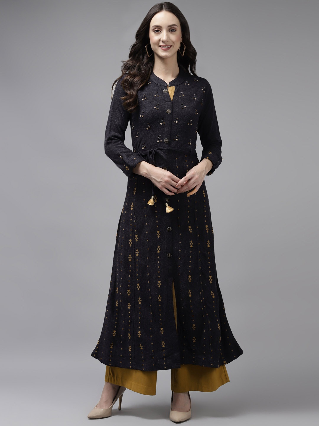 

Cayman Women Navy Blue Woollen Knitted Pattern Winter Kurta