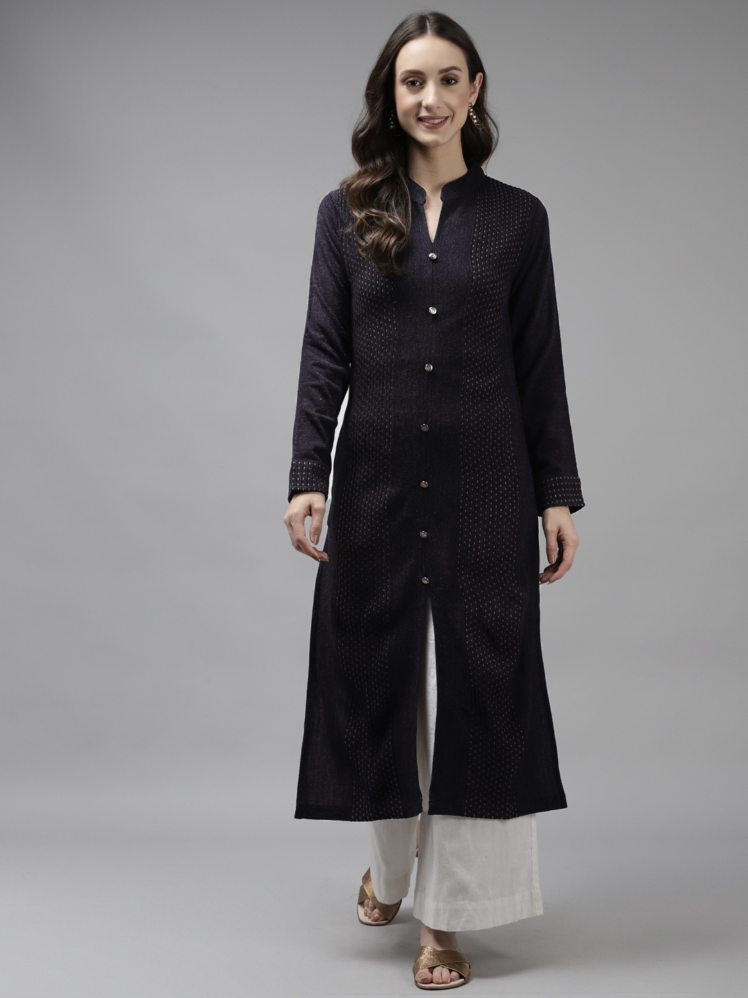 

Cayman Women Navy Blue Woollen Knitted Pattern Winter Kurta