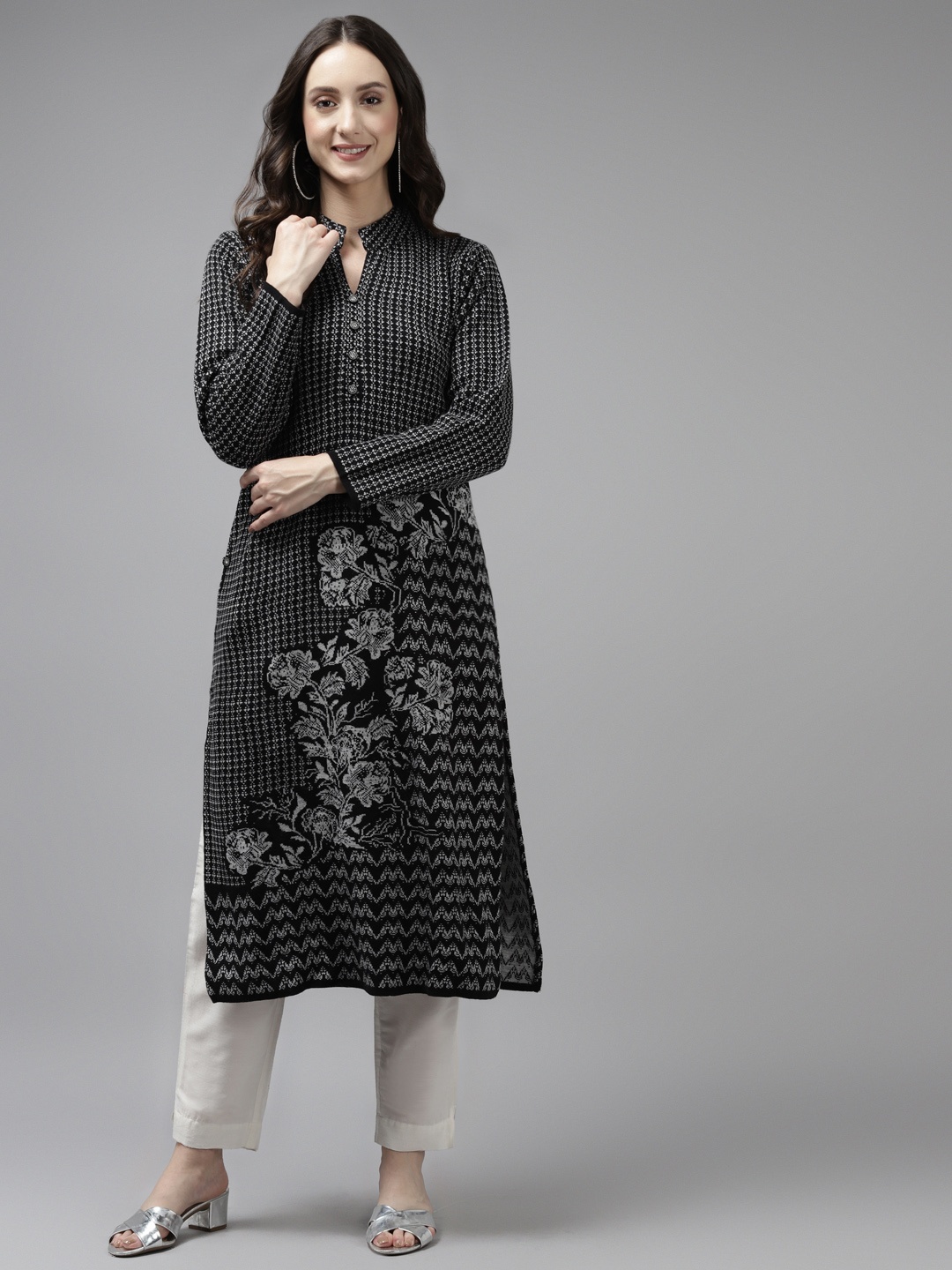 

Cayman Women Black & Off White Woollen Knitted Pattern Winter Kurta