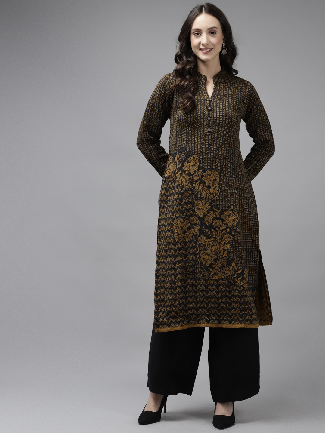 

Cayman Women Mustard Yellow & Navy Blue Woollen Knitted Pattern Winter Kurta