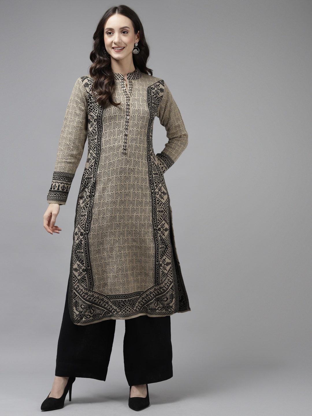 

Cayman Women Beige & Black Woollen Knitted Pattern Winter Kurta