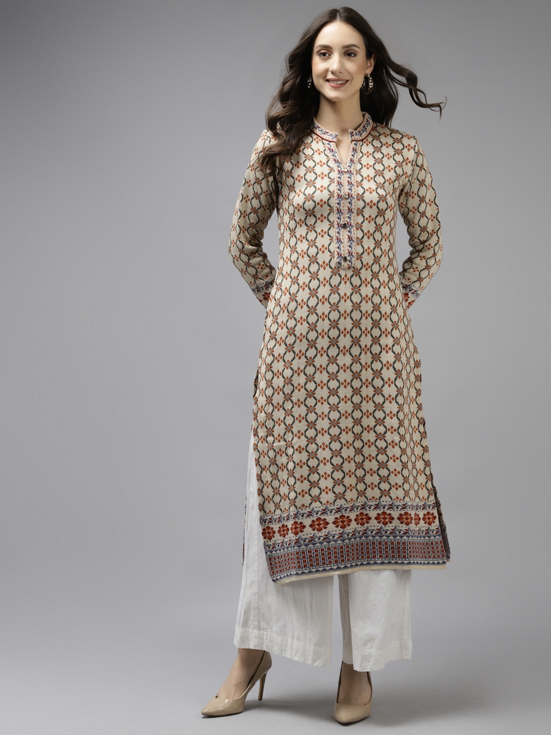 

Cayman Women Cream-Coloured & Brown Woollen Knitted Pattern Winter Kurta