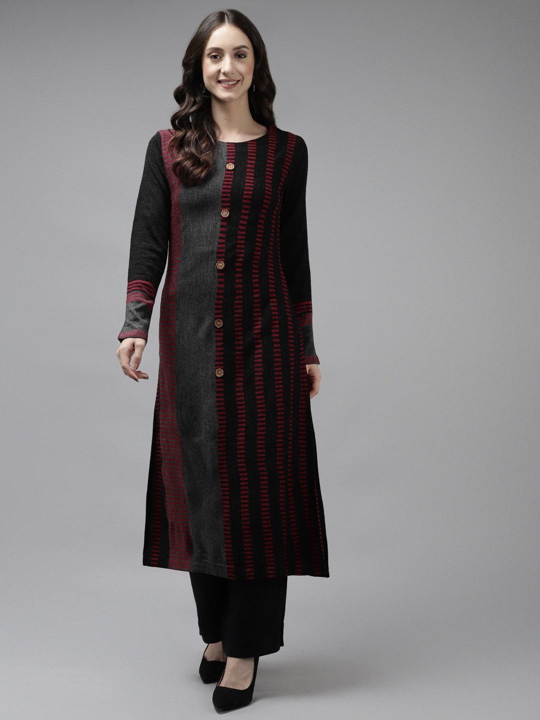 

Cayman Women Black & Maroon Knitted Woollen Striped Winter Kurta