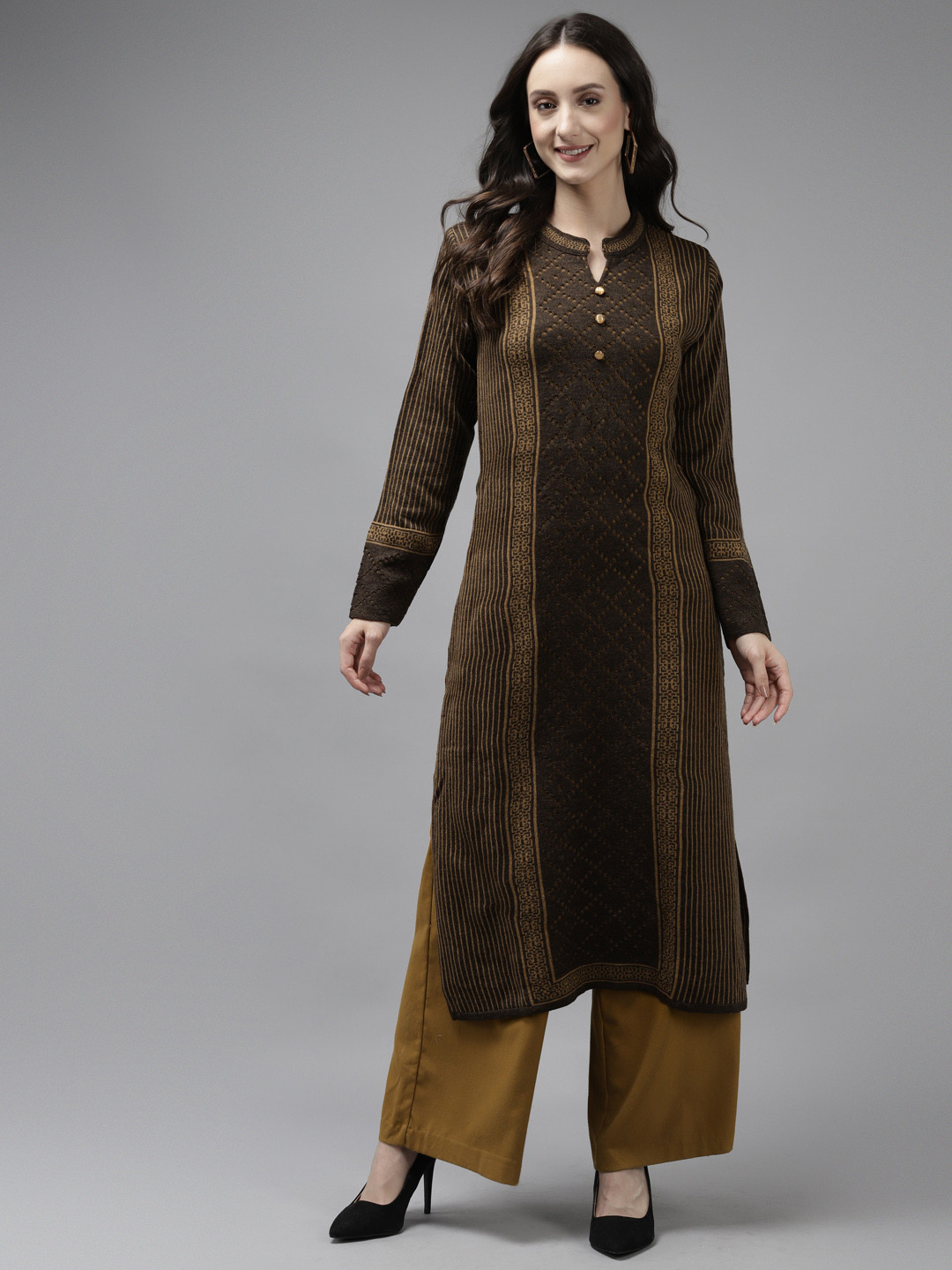 

Cayman Women Brown & Beige Knitted Woollen Striped Winter Kurta