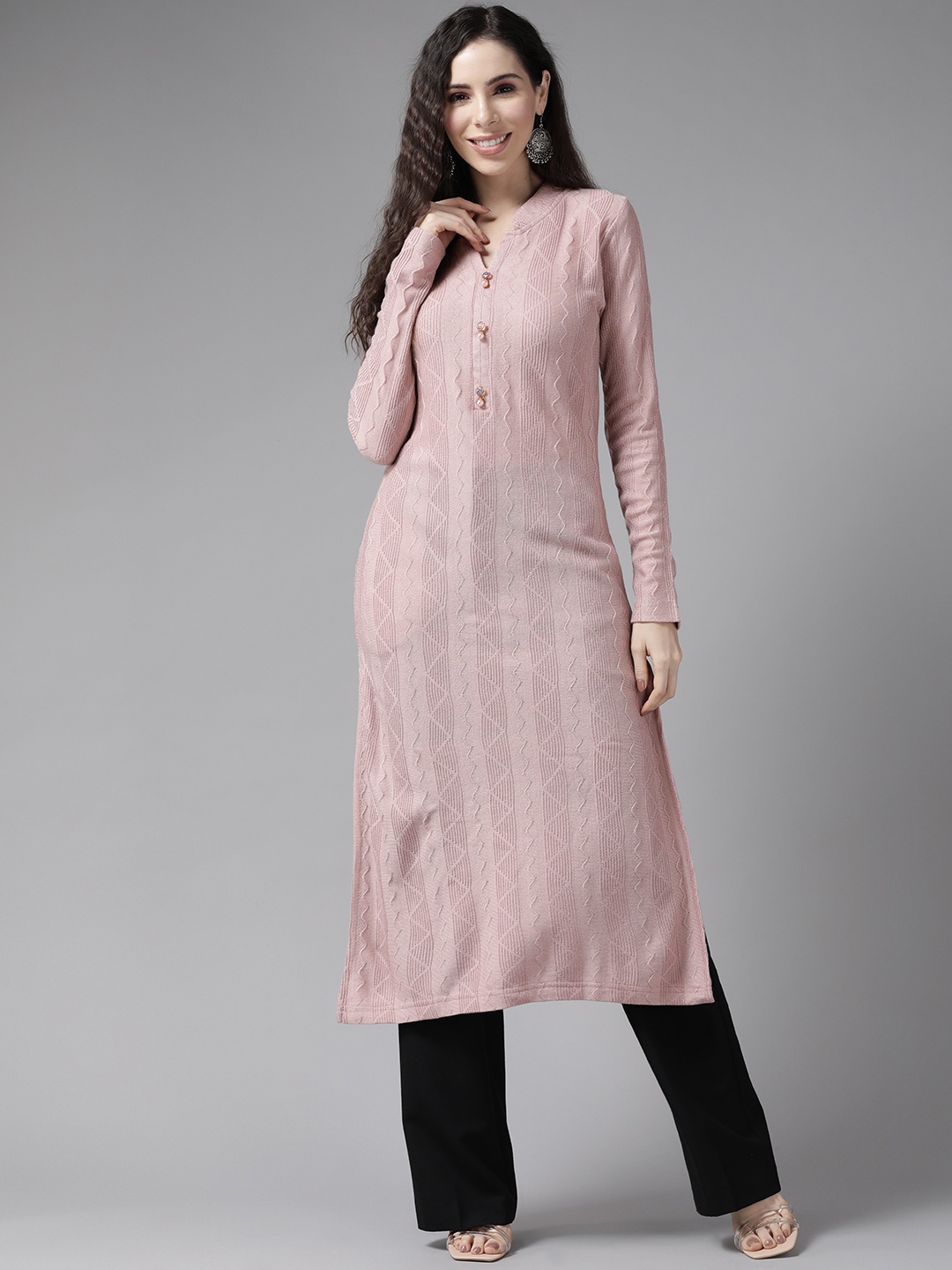 

Cayman Women Peach-Coloured Knitted Striped Winter Kurta