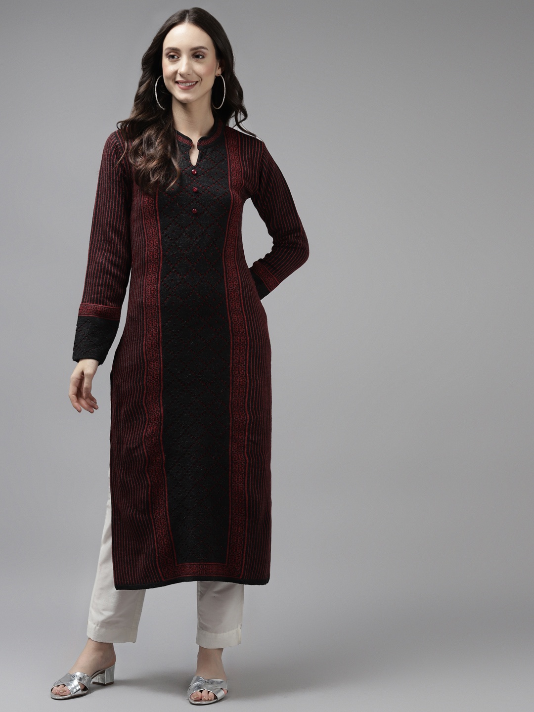 

Cayman Women Black & Maroon Knitted Woollen Striped Winter Kurta