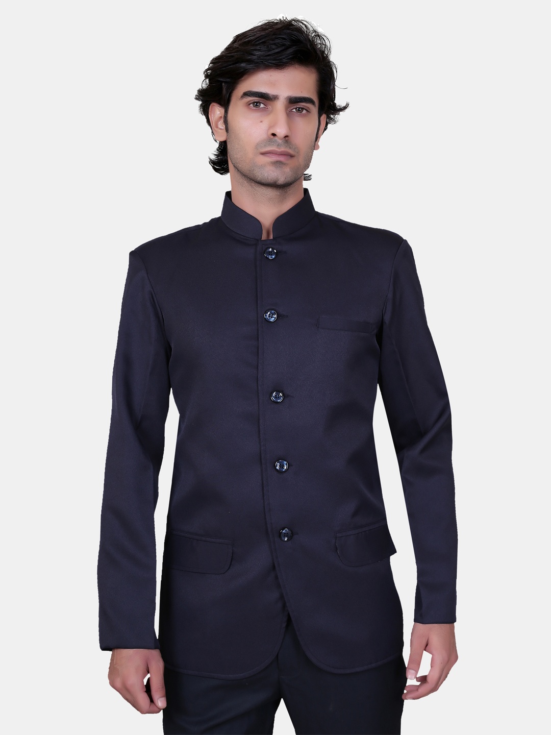 

Avaeta Men Navy Blue Solid Bandhgala Single Breasted Ethnic Blazer