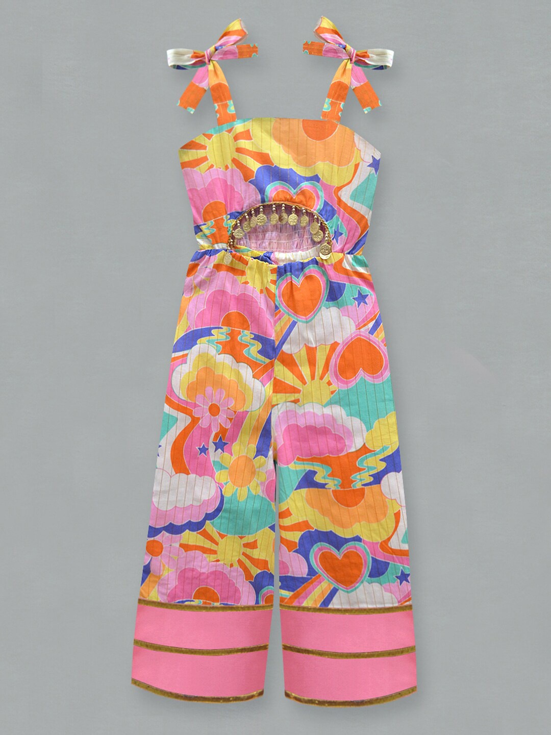 

A T U N Girls Orange & Pink Printed Basic Jumpsuit with Embellished