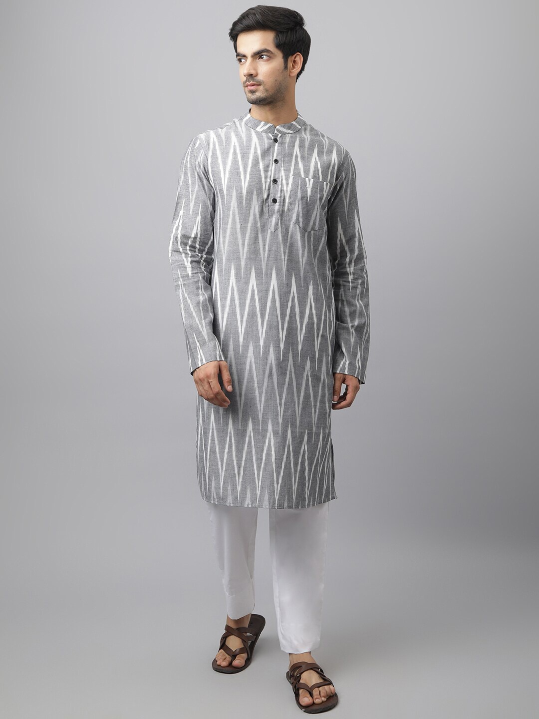 

Waahiba Men Charcoal Striped Angrakha Kurti With Pyjamas