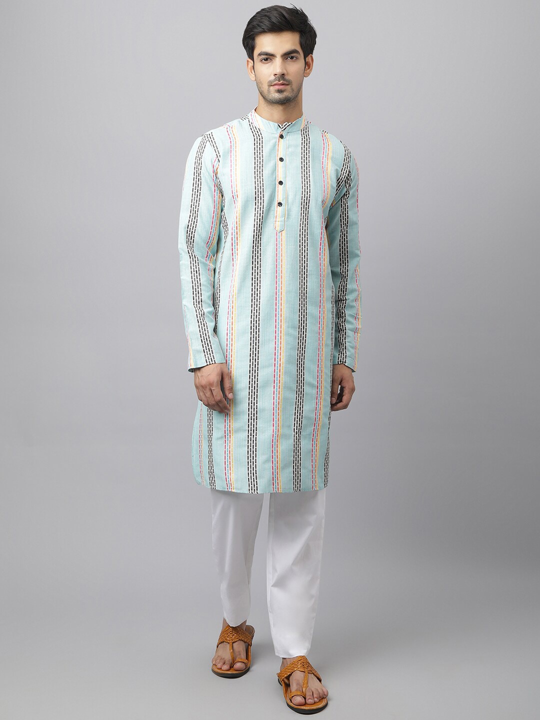 

Waahiba Men Blue Ethnic Motifs Printed Angrakha Kurta with Pyjamas