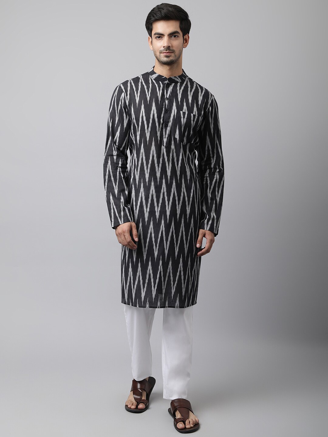 

Waahiba Men Black Ikkat Printed Kurti with Pyjamas